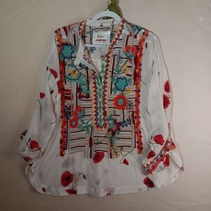 Johnny Was 🐞White Blouse with Colorful Floral Embroidery